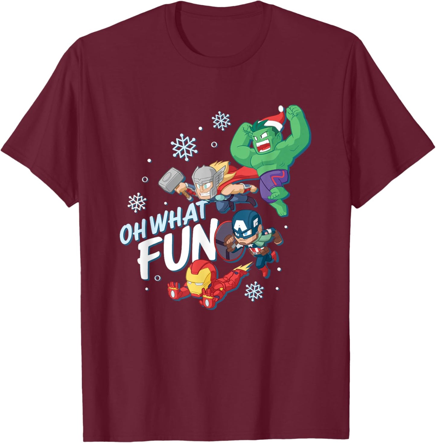 Marvel Christmas Oh What Fun Cute Avengers Big Chest Logo T-Shirt - T-Shirt | Maroon