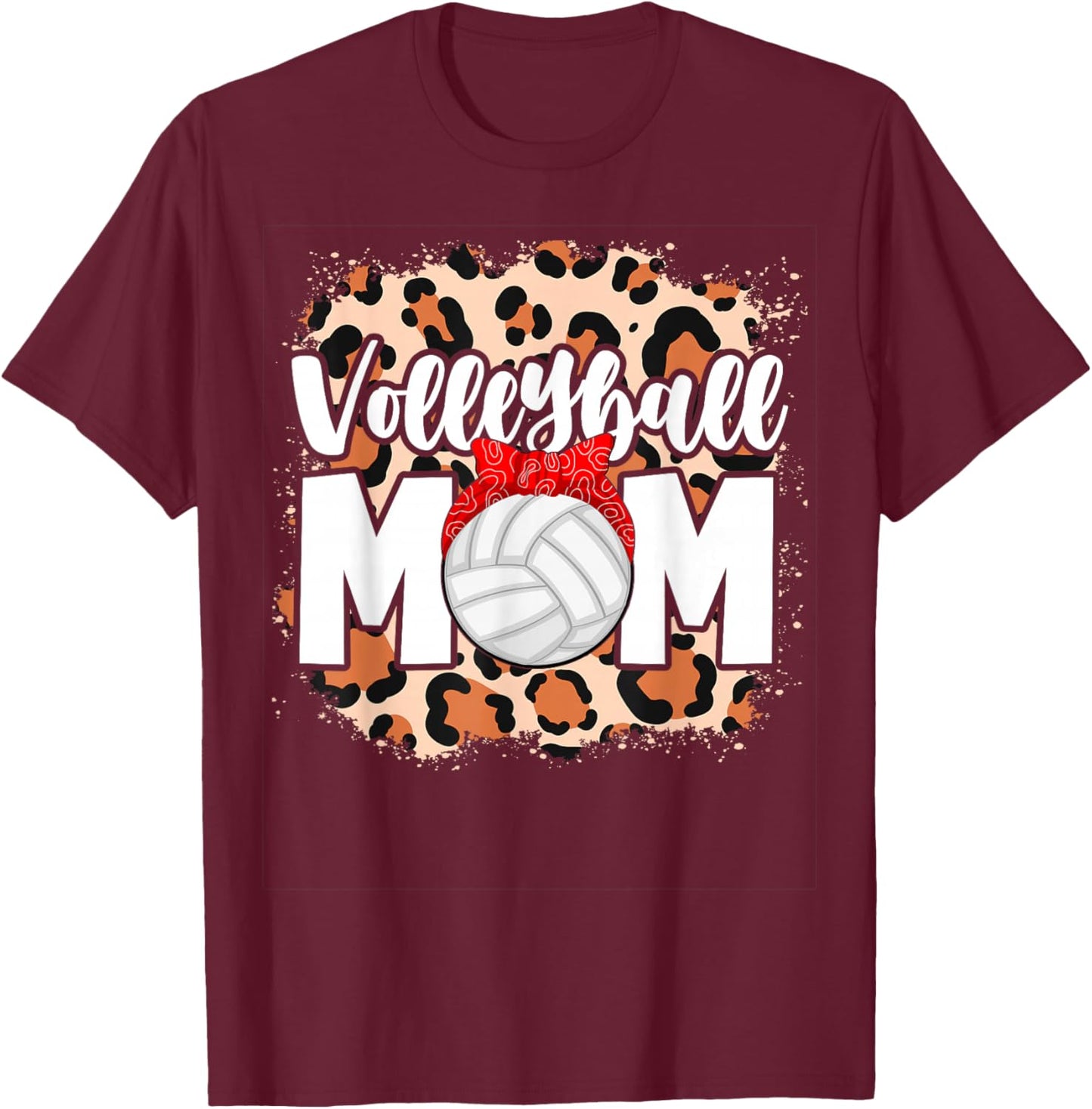 Volleyball Mom Leopard Messy Bun Game Day Funny Mothers Day T-Shirt - T-Shirt | Maroon