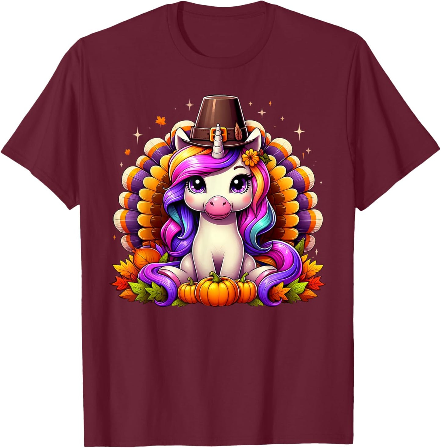 Happy Thanksgiving Toddler Turkey Cute Unicorn Girls Kids T-Shirt - T-Shirt | Maroon