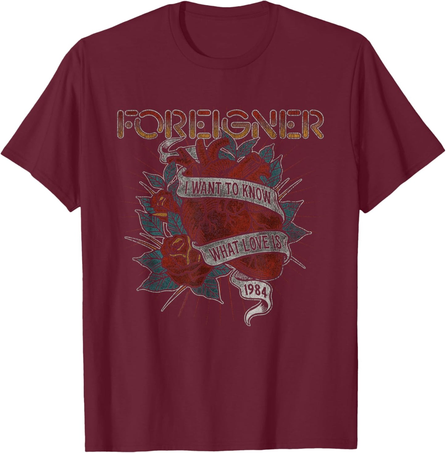 Foreigner Know What Love Is Heart Rose Tattoo Vintage Band T-Shirt - T-Shirt | Maroon