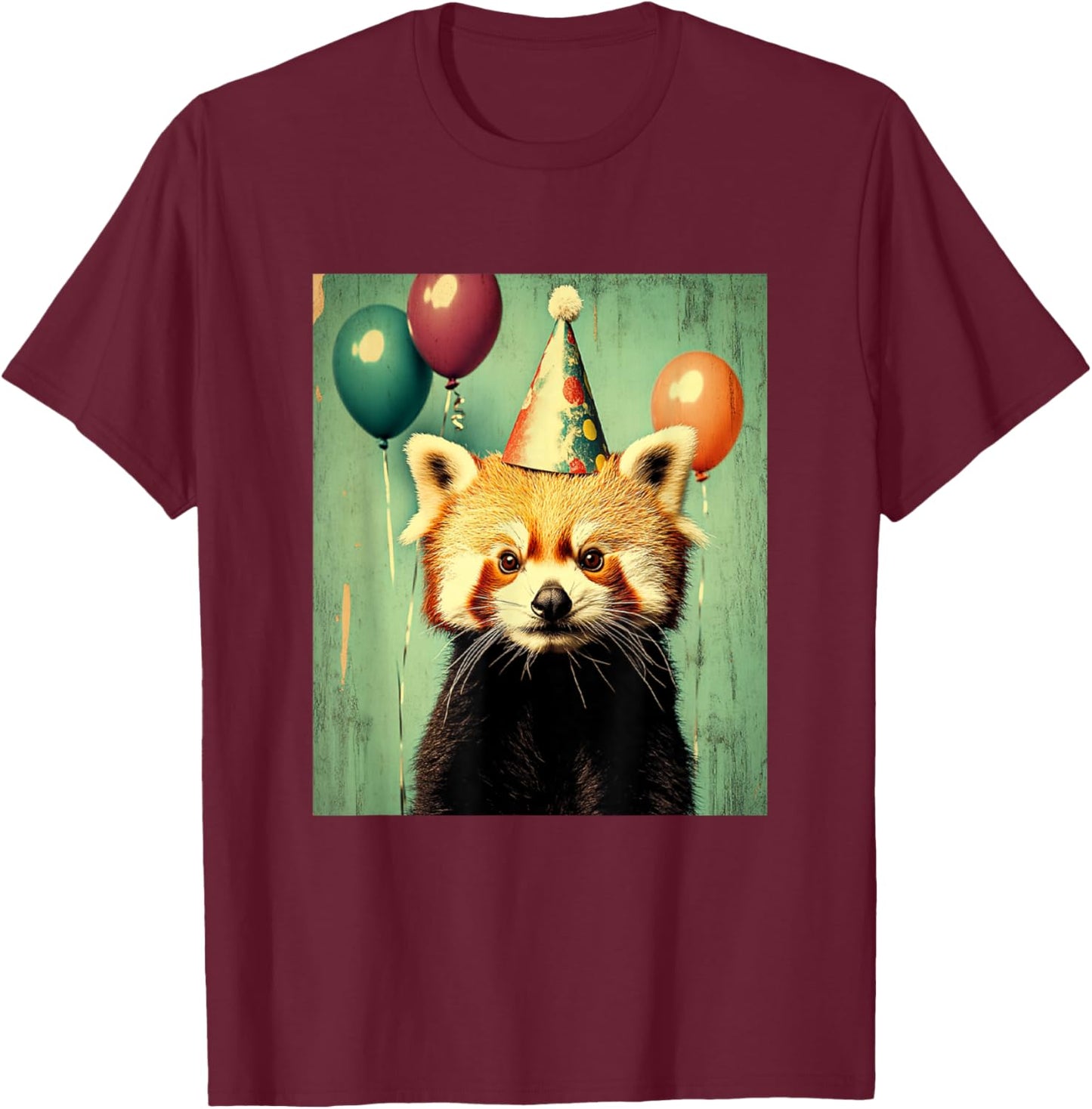Red Panda Retro Art Print Birthday Party Balloons & Hat T-Shirt - T-Shirt | Maroon