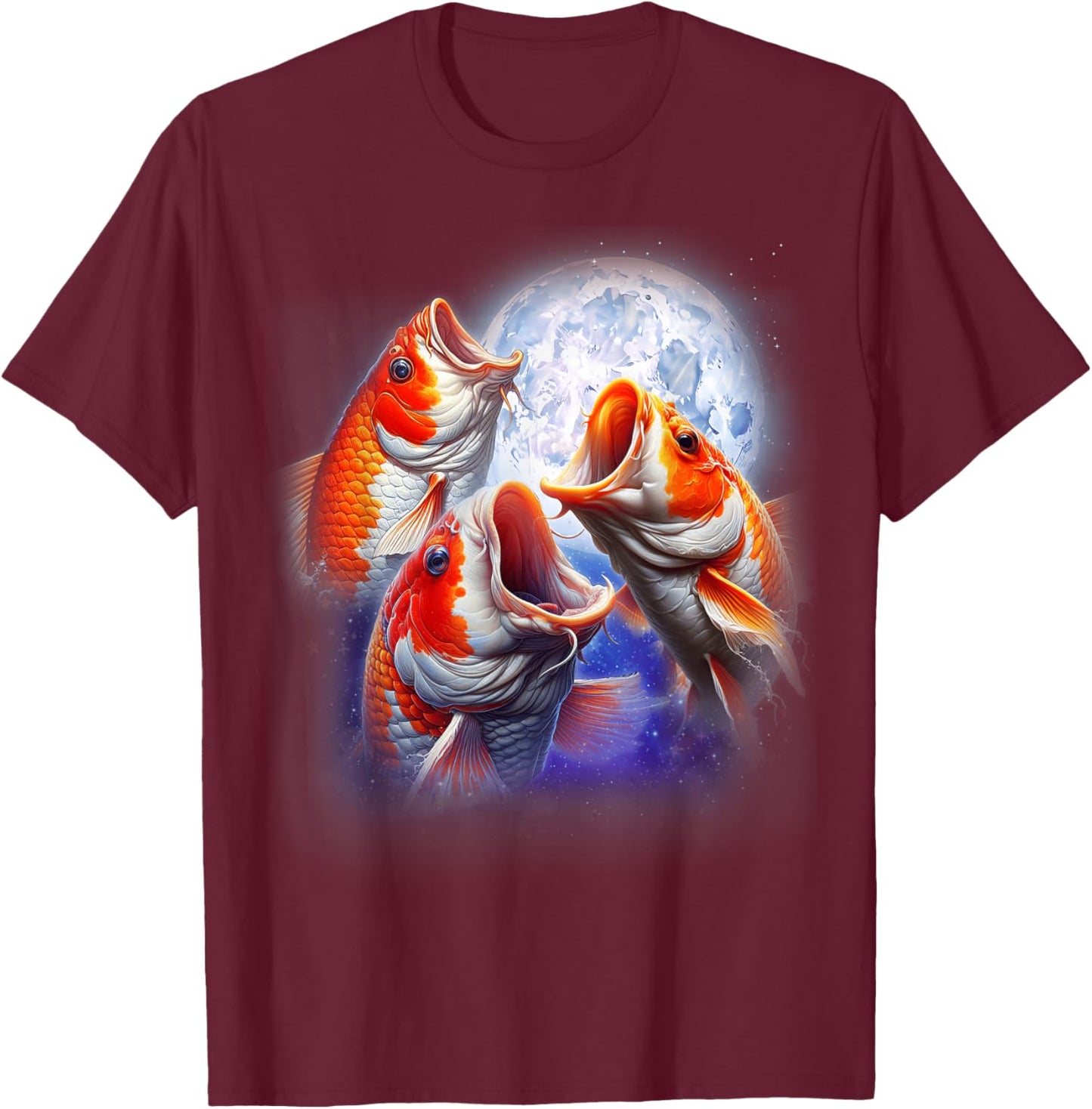 3 Koi Fish Howling At The Moon Funny Koi Carp Fish Keeper T-Shirt - T-Shirt | Maroon