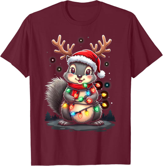 Squirrel Christmas 2024 With Lights & Holiday Xmas Men Women T-Shirt - T-Shirt | Maroon