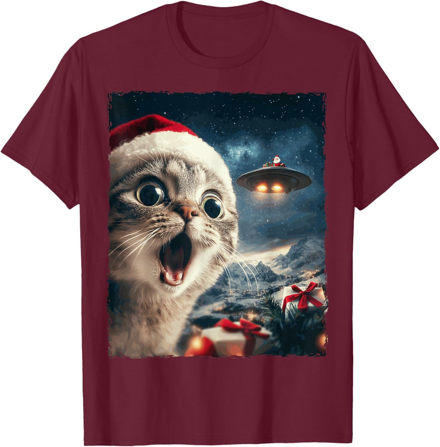 Funny Cat Selfie Santa Ufo Xmas Christmas Men Women Kids T-Shirt - T-Shirt | Maroon