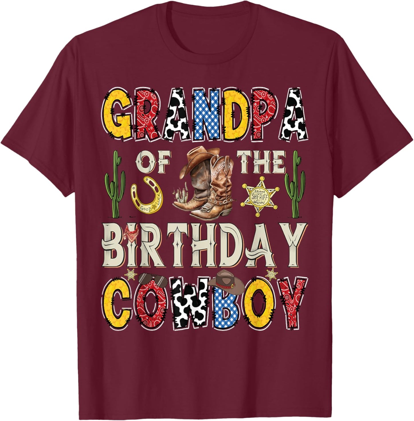 Grandpa Of The Birthday CowBoy Rodeo Grandpa Western T-Shirt - T-Shirt | Maroon
