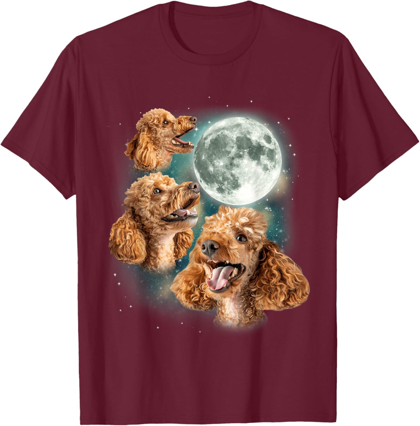 Three Poodle Moon | 3 Curly Canines Howling Weird Funny Meme T-Shirt - T-Shirt | Maroon