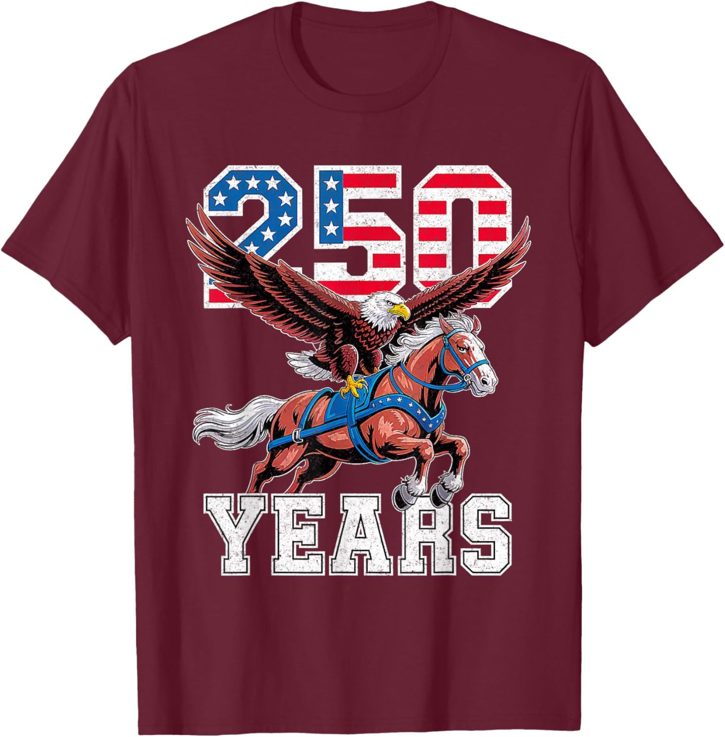 Retro USA 250th Anniversary Bald Eagle and Clydesdale Horse T-Shirt - T-Shirt | Maroon