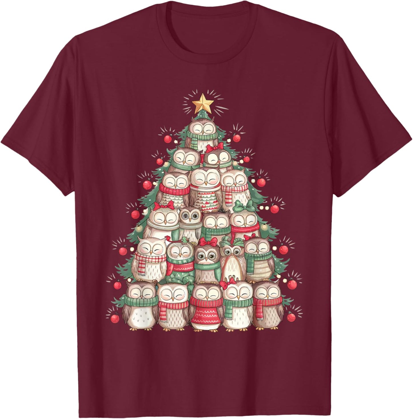 Xmas Holiday Matching Family Christmas Tree Owl T-Shirt - T-Shirt | Maroon