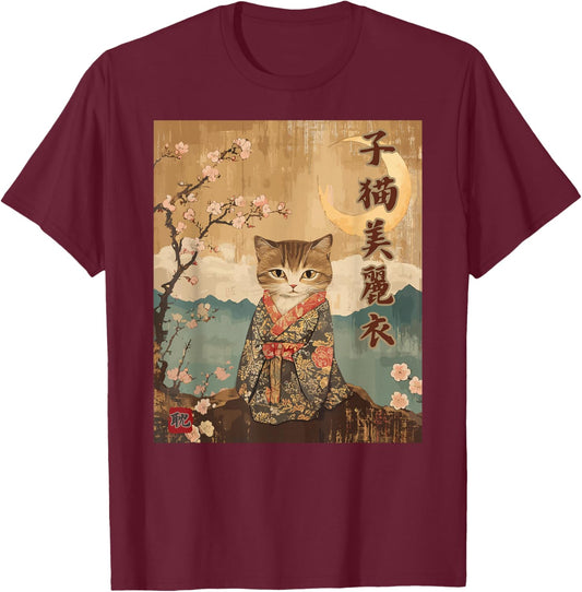 Crescent moon kitten Cute Kimono Kanji Zen Geisha Night View T-Shirt - T-Shirt | Maroon