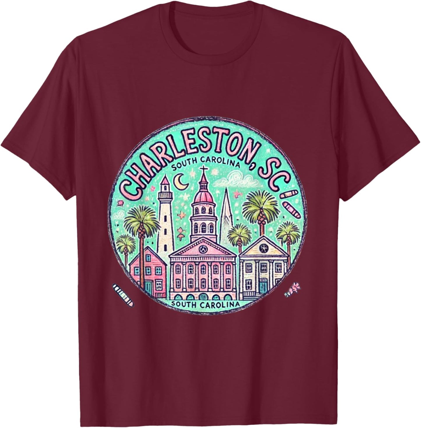 Charleston SC Rainbow Row in pastels trendy T-Shirt - T-Shirt | Maroon