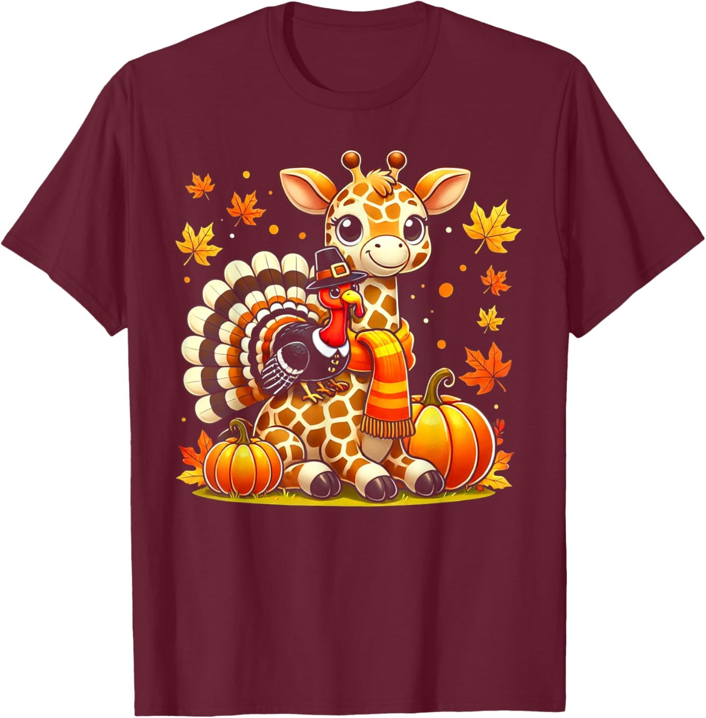 Thanksgiving Turkey Riding Giraffe With Fall Pumpkins T-Shirt - T-Shirt | Maroon