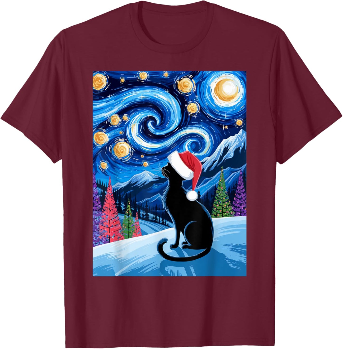 Van Gogh Christmas Cat Starry Night Black Cat Fans Santa Hat T-Shirt - T-Shirt | Maroon