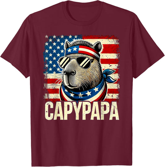 CapyPapa 4th of July American Flag Capybara Papa USA T-Shirt - T-Shirt | Maroon