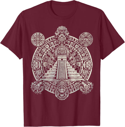 Ancient Sacred Mayan Aztec Calendar Pyramid Geometry T-Shirt - T-Shirt | Maroon