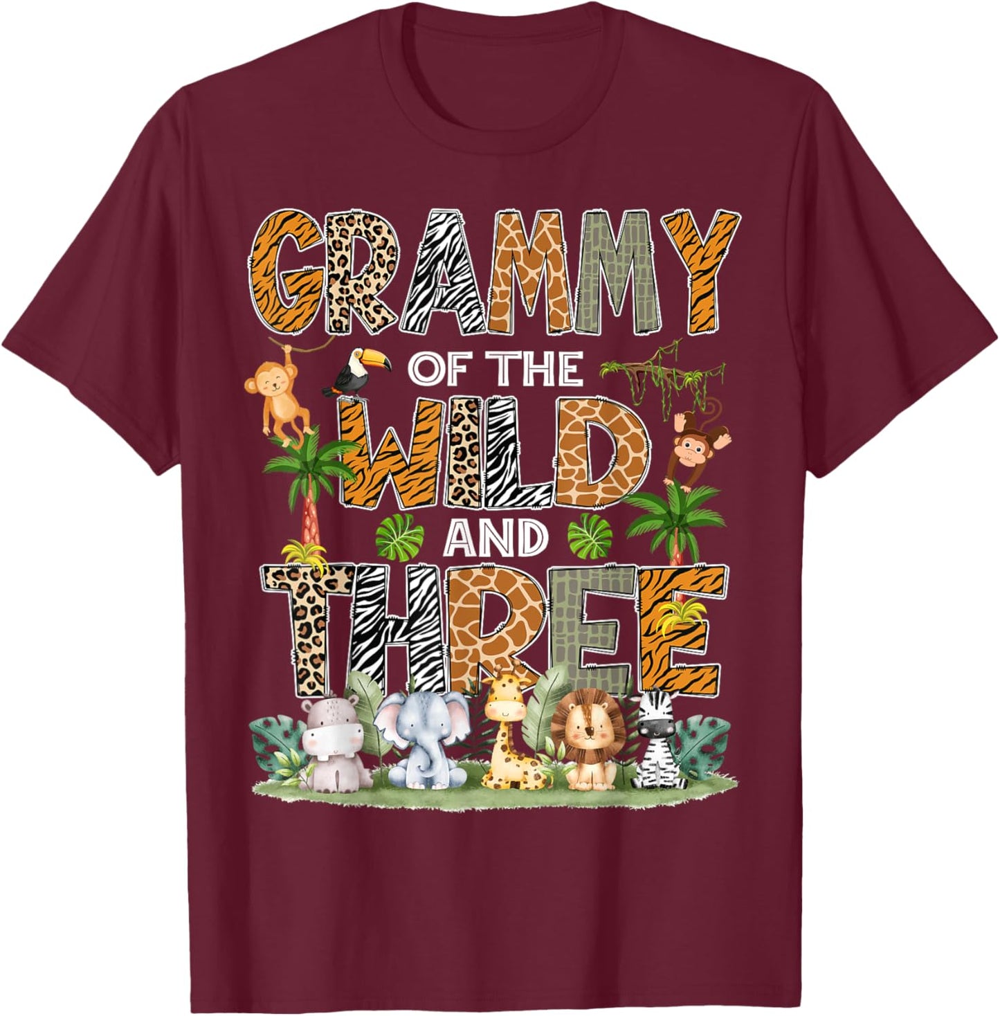 Grammy Of The Wild Three 3Rd Birthday Safari Zoo Jungle T-Shirt - T-Shirt | Maroon