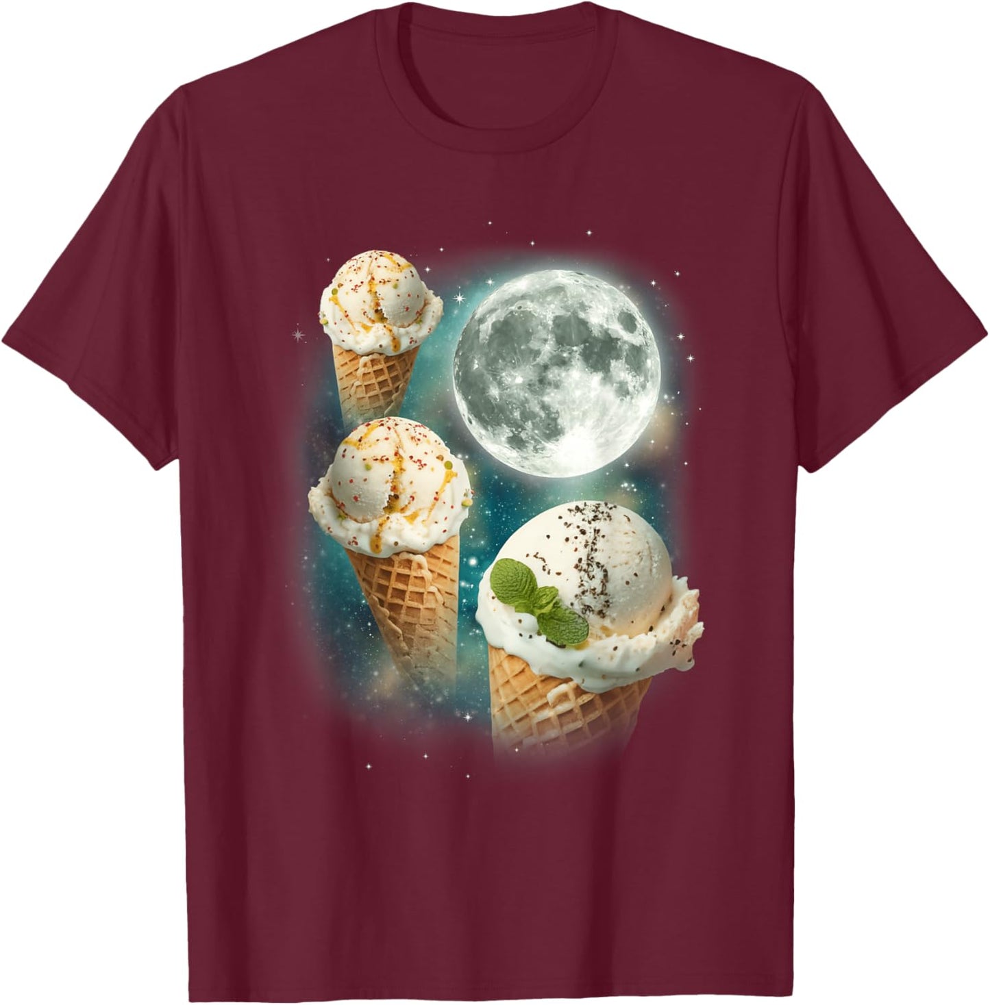 Three Ice-Creams Moon | 3 Scoops Magical Sweet Cold Treat T-Shirt - T-Shirt | Maroon