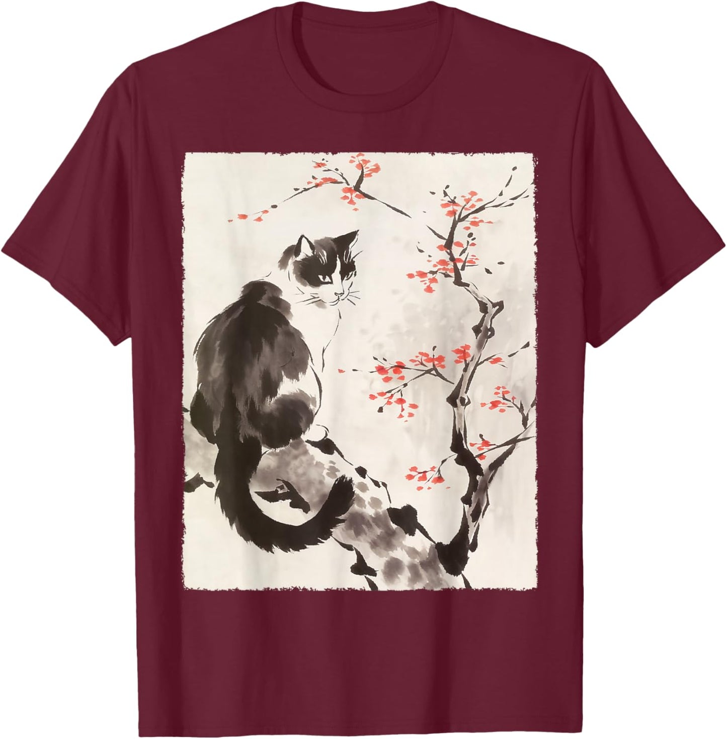Cat Japanese Art Sakura Cherry Blossom Gifts Women T-Shirt - T-Shirt | Maroon