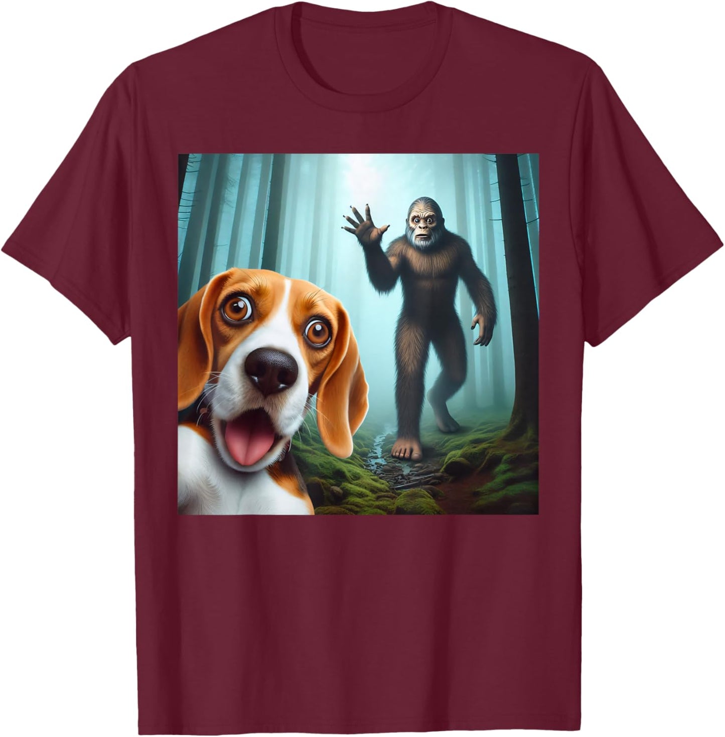 Beagle Selfie with bigfoot sasquatch T-Shirt - T-Shirt | Maroon
