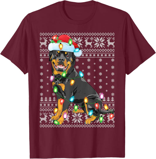 Ugly Sweater Xmas Lights Santa Hat Rottweiler Dog Christmas T-Shirt - T-Shirt | Maroon