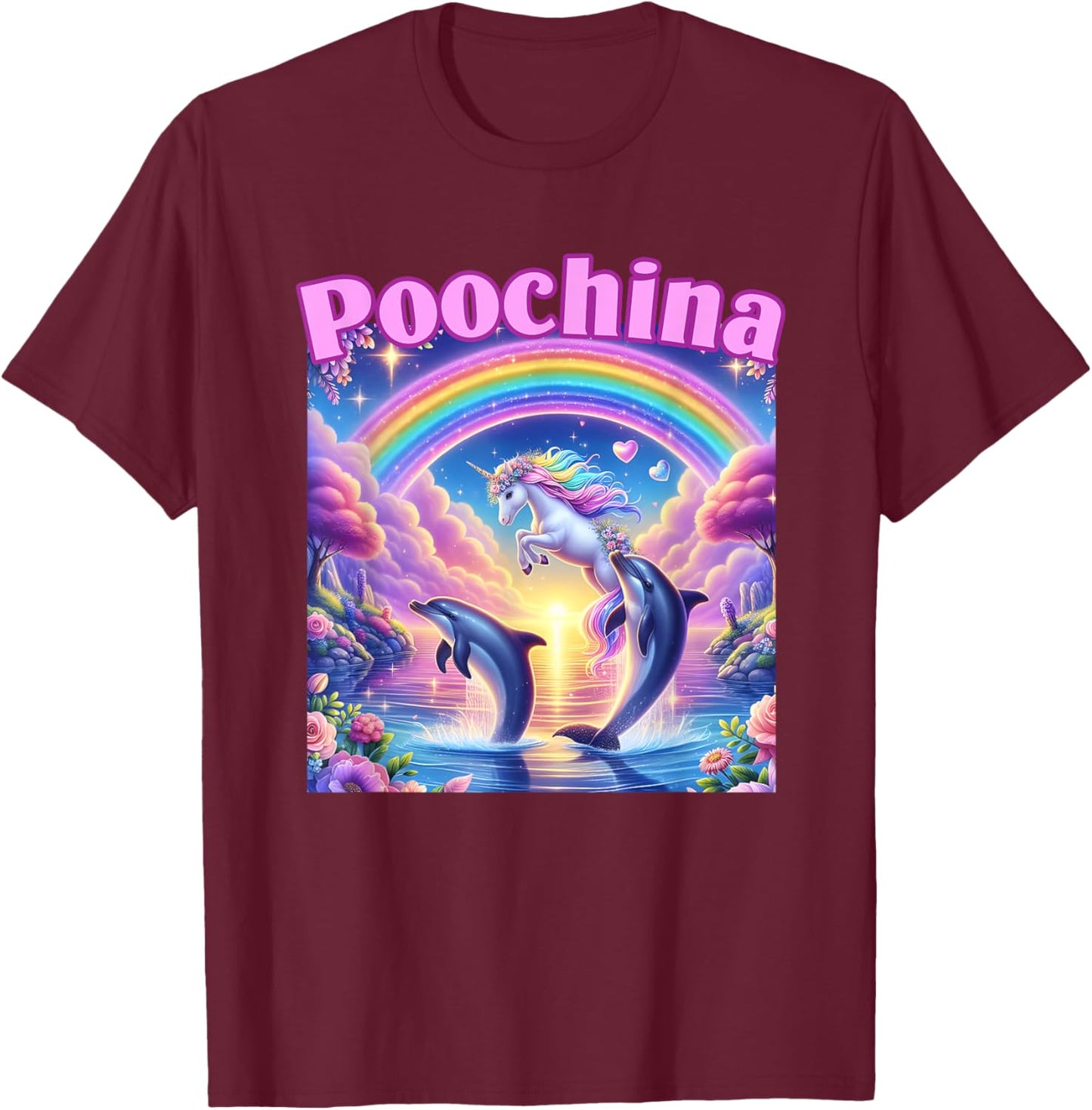 Poochina, Ironic Funny Meme, Women Trendy Dolphin T-Shirt - T-Shirt | Maroon