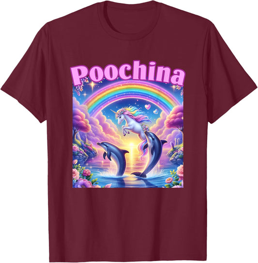 Poochina, Ironic Funny Meme, Women Trendy Dolphin T-Shirt - T-Shirt | Maroon