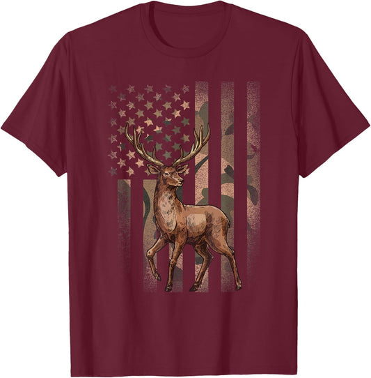 American Flag Camouflage Outdoor Moose Vintage Men Women T-Shirt - T-Shirt | Maroon