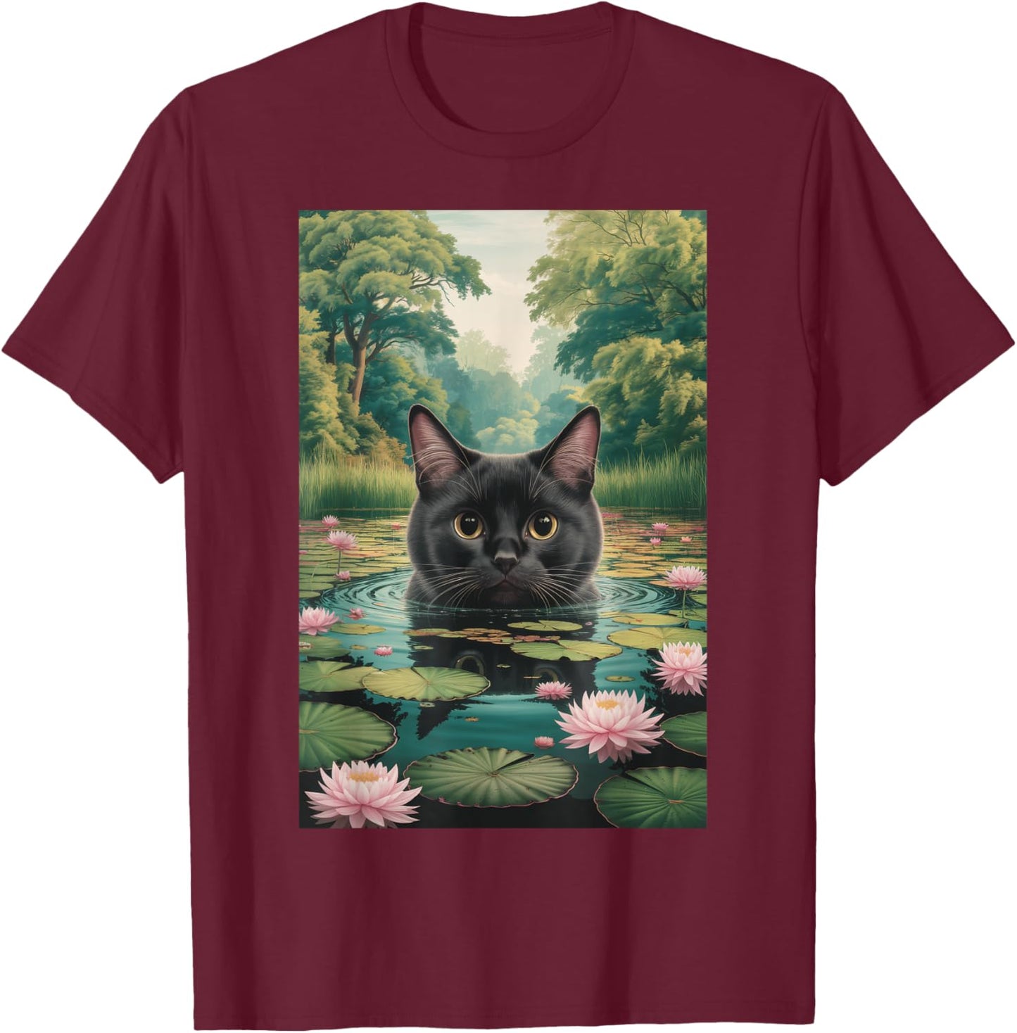 Black Cat Monets Waterlily Painting Art Cat T-Shirt - T-Shirt | Maroon