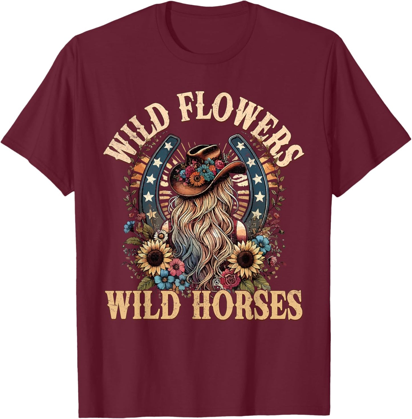 Retro Southern Sunset Cowgirl Wild Flowers - Wild Horses T-Shirt - T-Shirt | Maroon