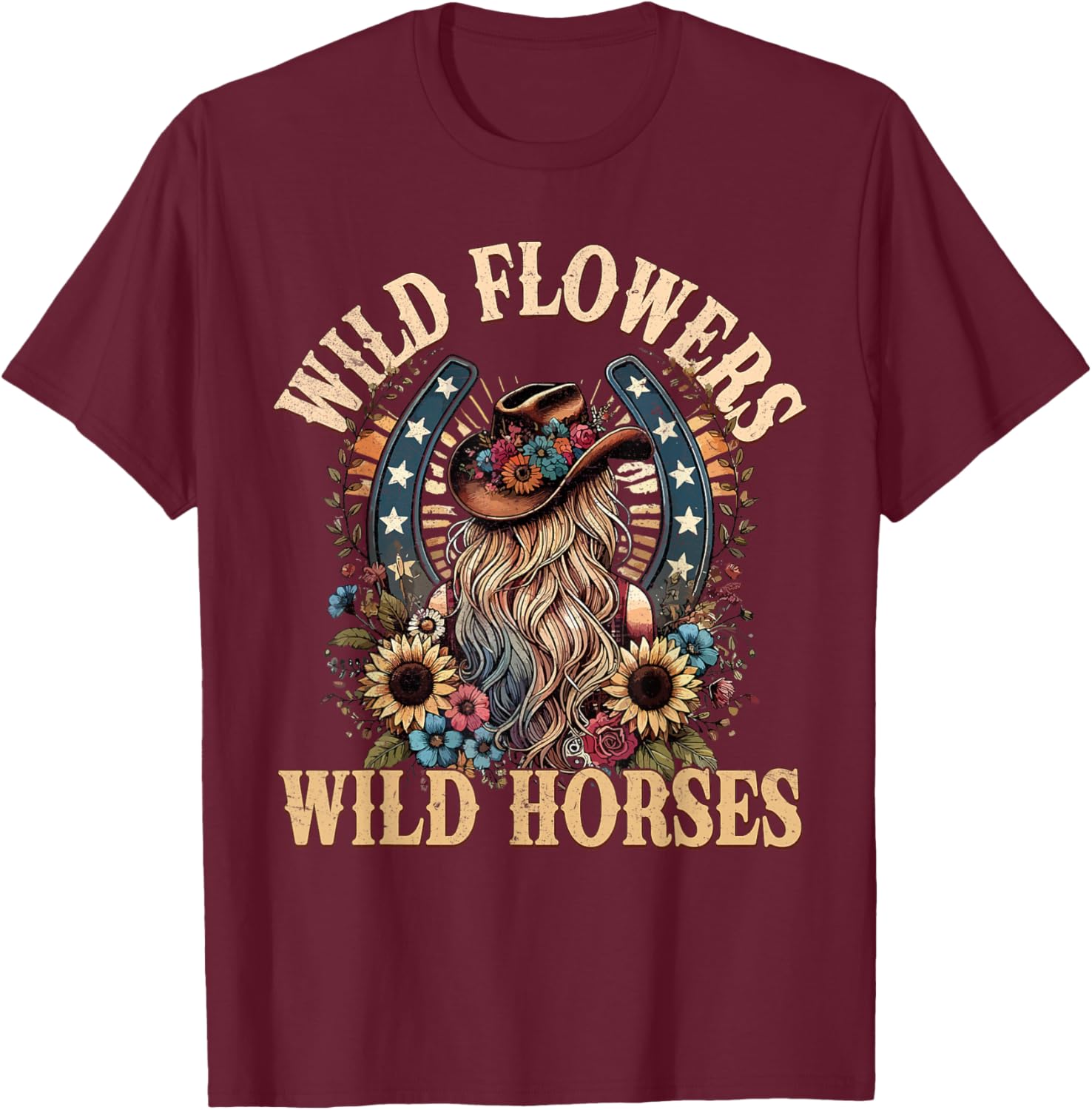 Retro Southern Sunset Cowgirl Wild Flowers - Wild Horses T-Shirt - T-Shirt | Maroon