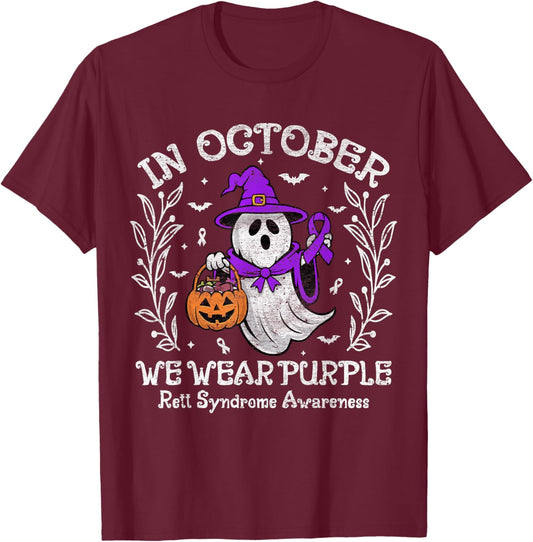 In October We Wear Purple Rett Syndrome Awareness halloween T-Shirt - T-Shirt | Maroon