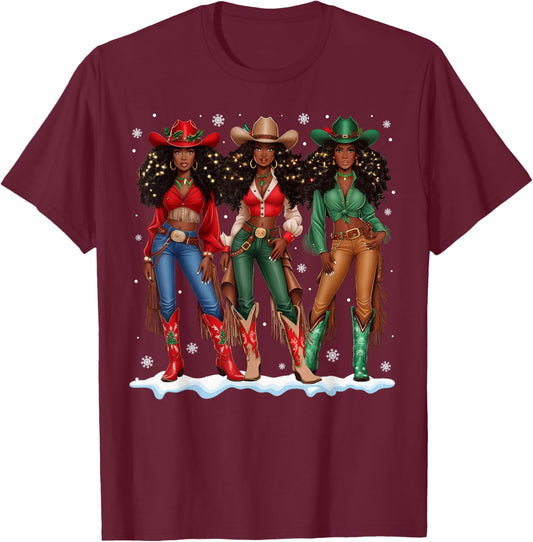 Howdy Retro Western Black Cowgirl African Merry Christmas T-Shirt - T-Shirt | Maroon