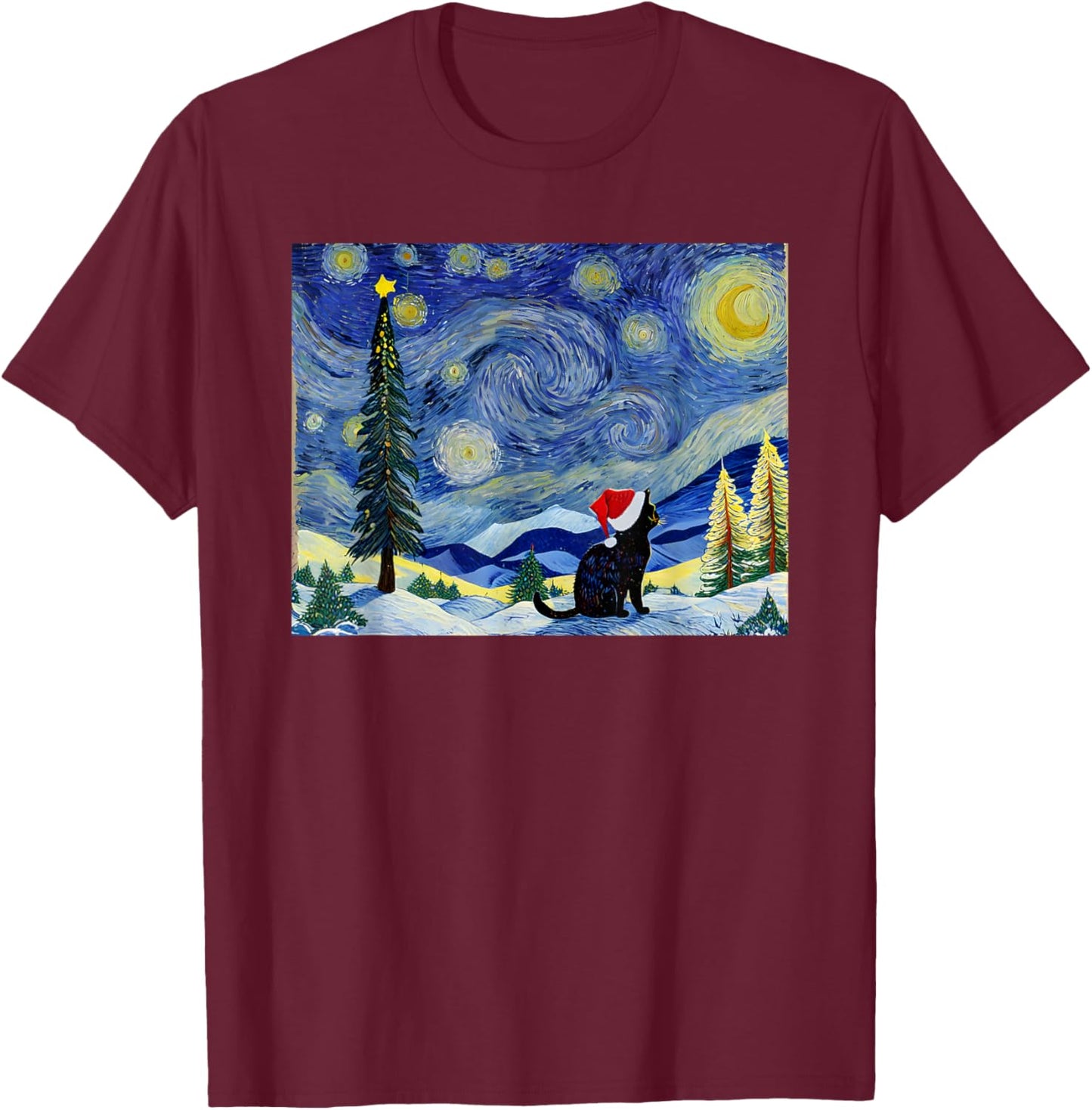 Cat Starry Night Van Gogh Christmas Black Cats Lover Women Kids T-Shirt - T-Shirt | Maroon