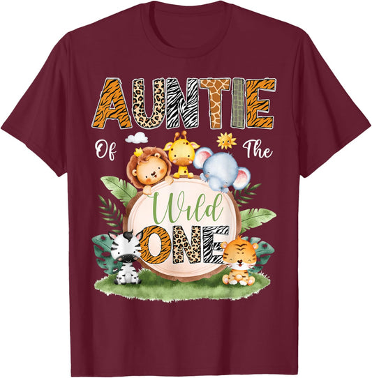 Auntie Of The Wild One 1St Birthday Kids Safari Jungle T-Shirt - T-Shirt | Maroon