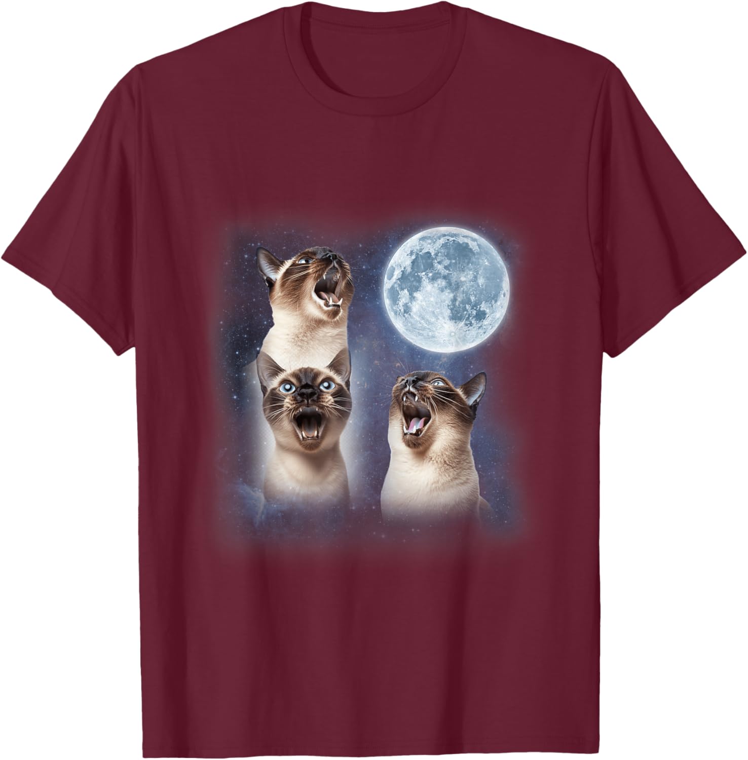 3 Siamese Cats Howling at the Moon Animal Lover Kittens T-Shirt - T-Shirt | Maroon