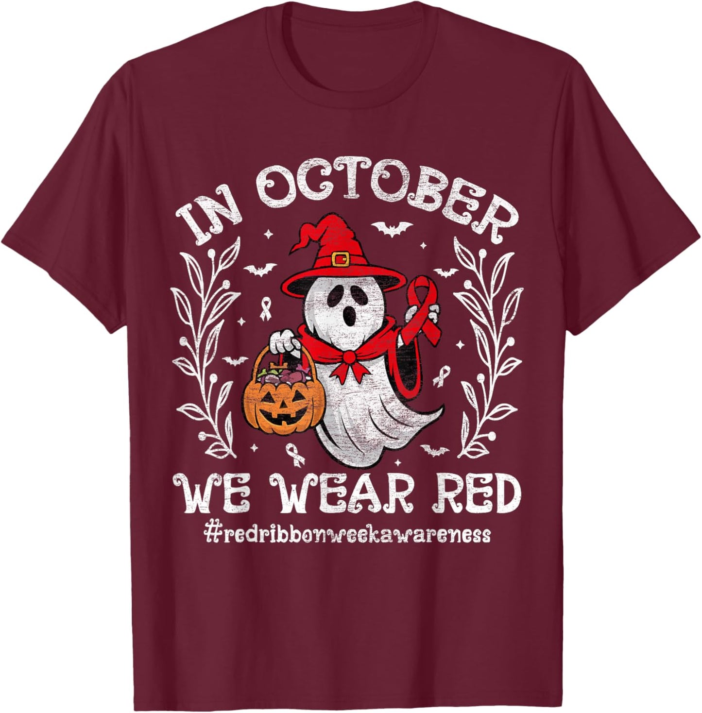 In October We Wear Red For Red Ribbon Week Awareness Ghost T-Shirt - T-Shirt | Maroon