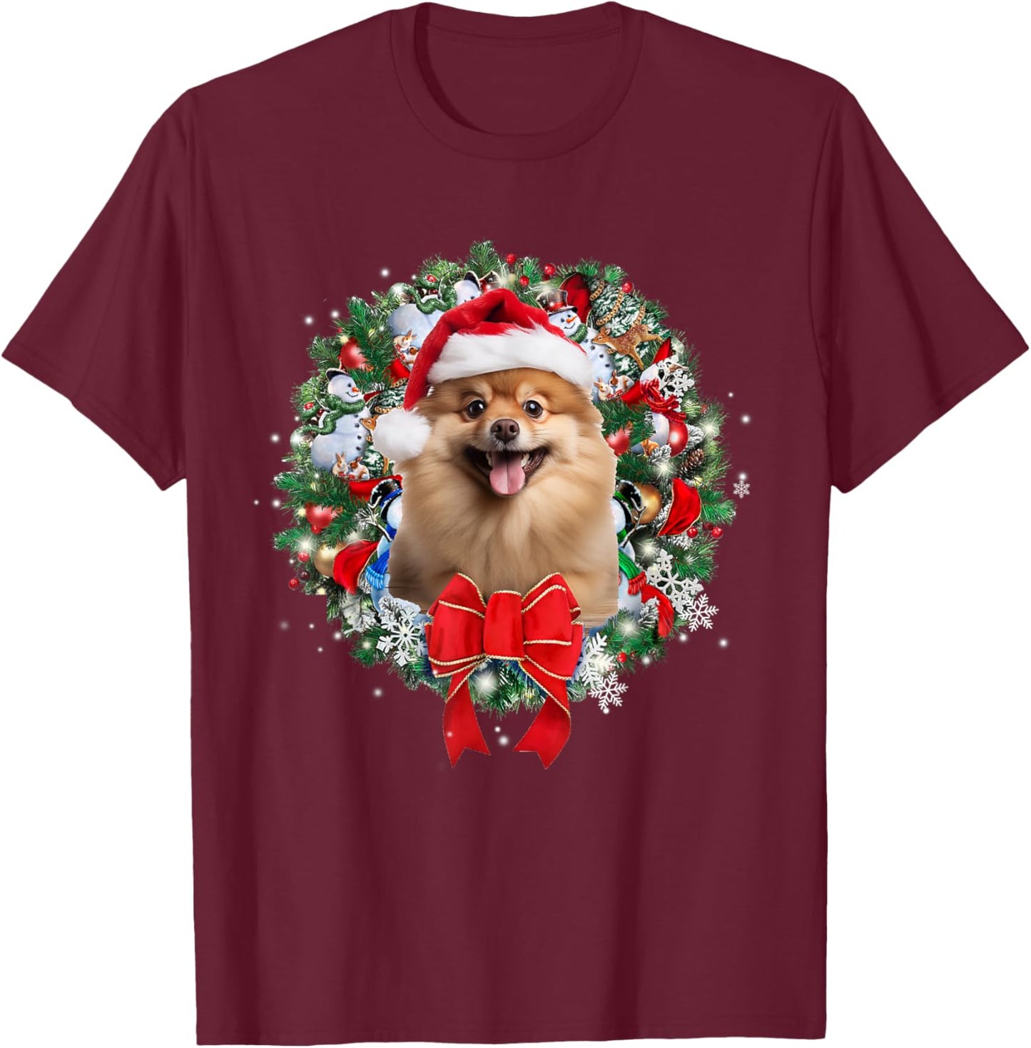 Pomeranian Christmas Wreath Decoration Xmas Pajamas T-Shirt - T-Shirt | Maroon