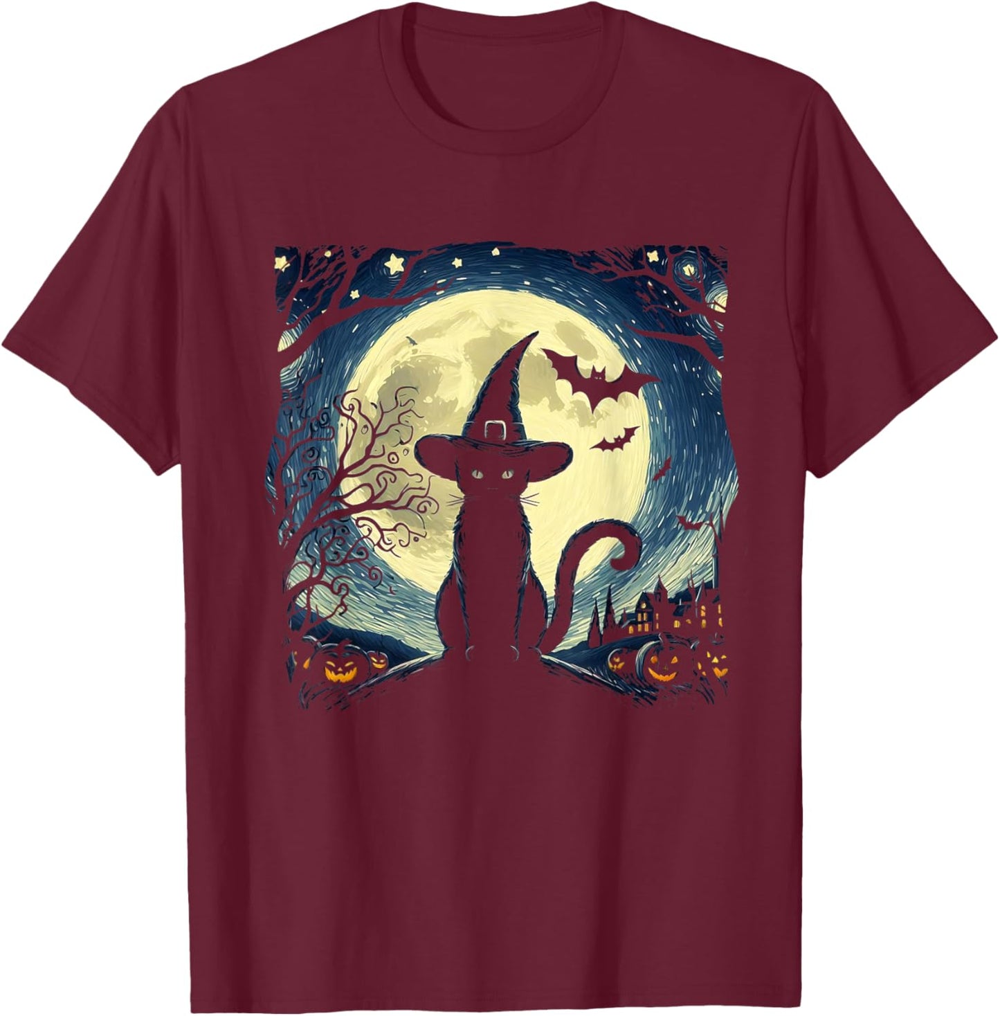 Vintage Scary halloween black cat Van gogh Starry Night Moon Women Kids T-Shirt - T-Shirt | Maroon