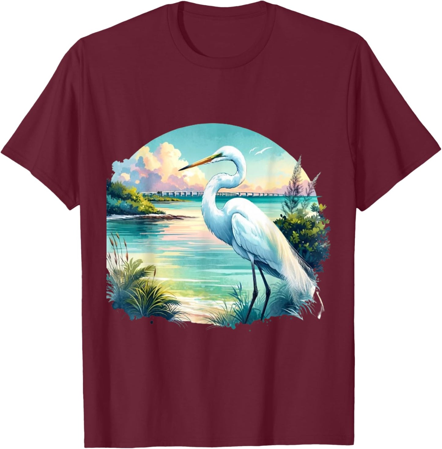 White Egret Florida Keys Nature T-Shirt - T-Shirt | Maroon