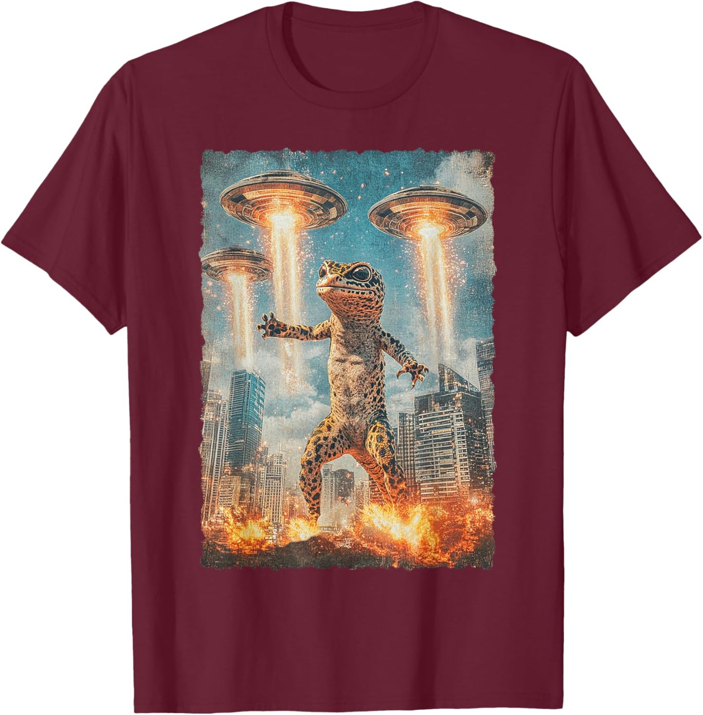Japanese Anime Kaiju Monster Leopard Gecko Selfie Tokyo UFO T-Shirt - T-Shirt | Maroon