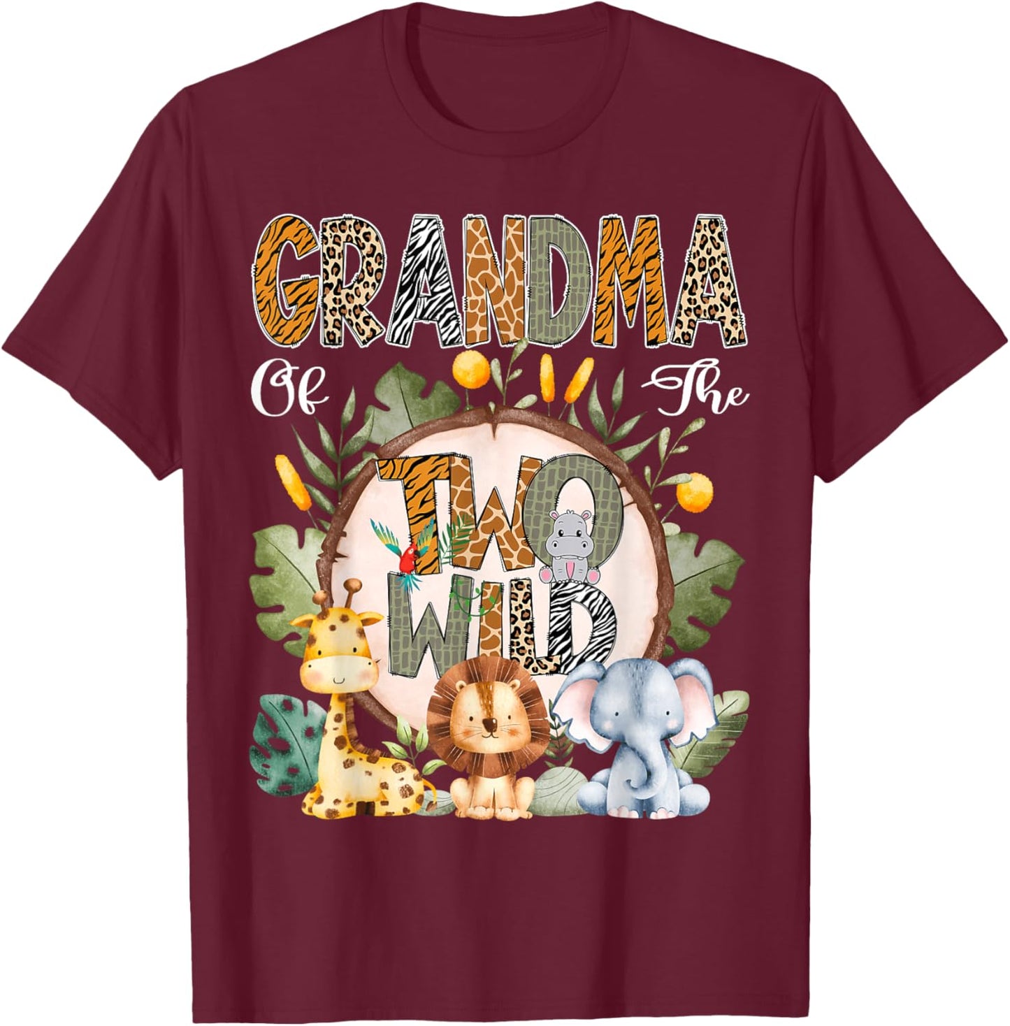 Grandma Of The Two Wild Animal Safari 2Nd Birthday Party T-Shirt - T-Shirt | Maroon