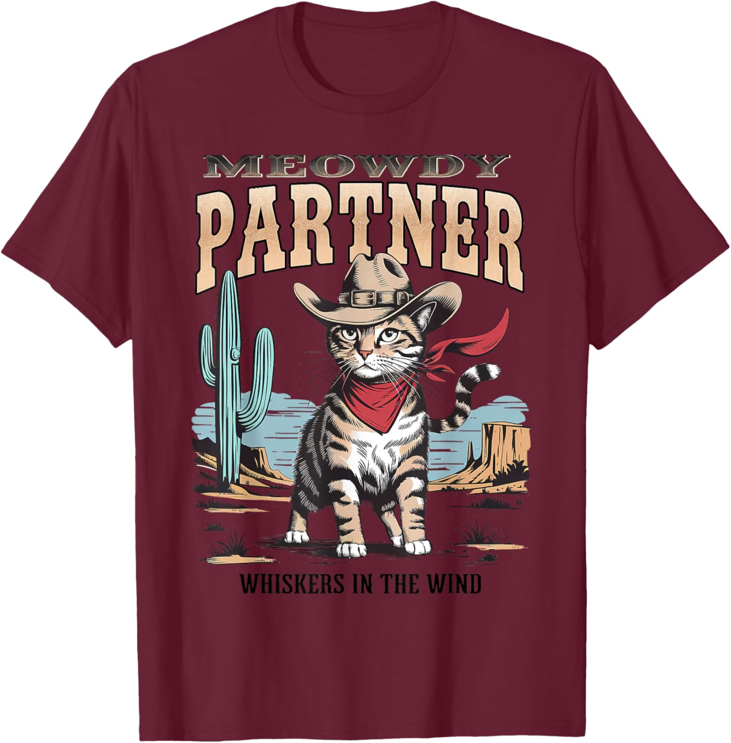 Vintage Cat Meowdy Partner Cowboy Gifts Women Kid T-Shirt - T-Shirt | Maroon