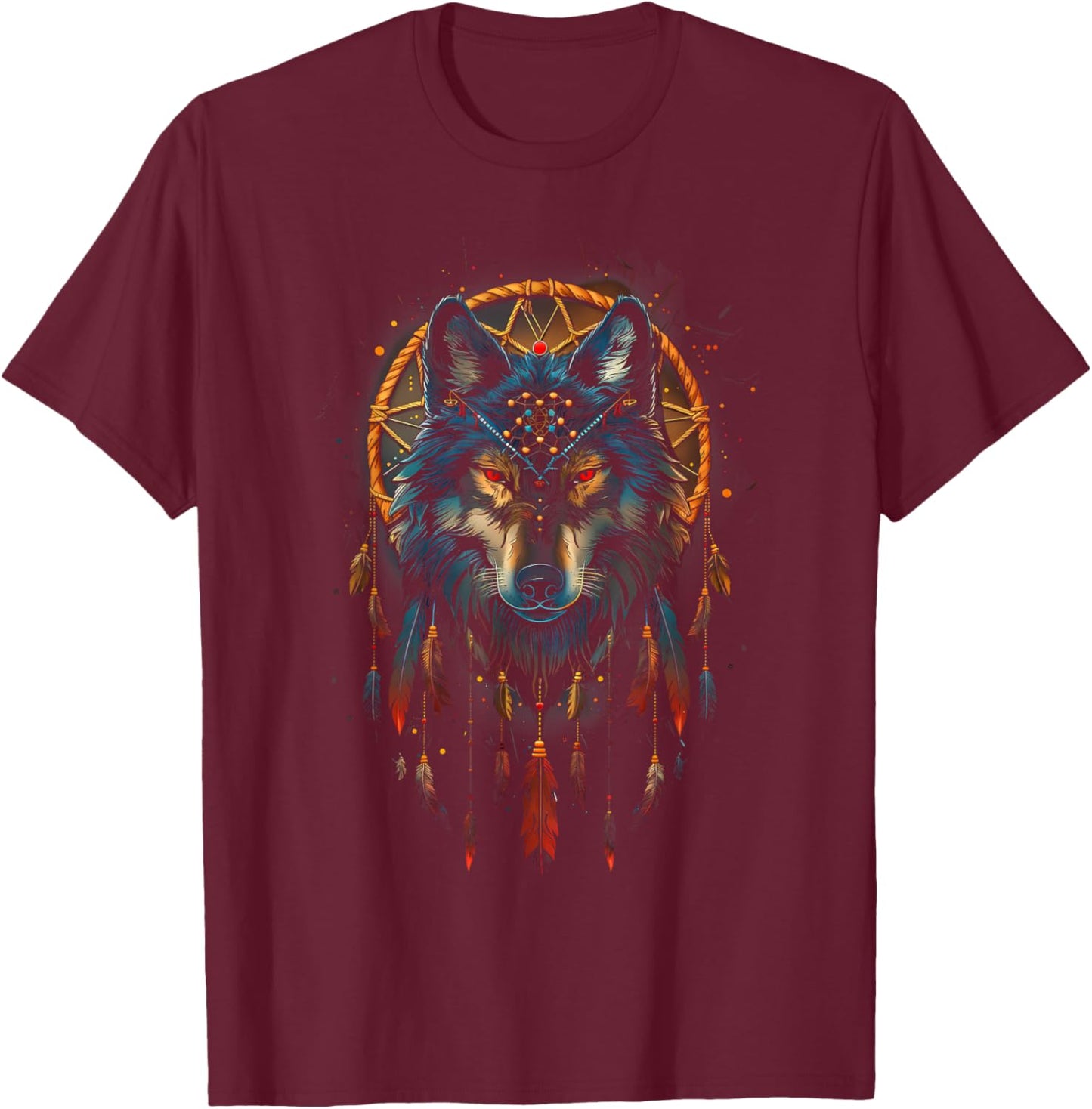 Colorful Mantra Spirit Animal Dreamcatcher Shop Wolf Dreamcatcher Native American Indian Feathers Arts -Adults Black Small Modern Tribal Boho Motif Round Collar Short Sleeve T-Shirt - T-Shirt | Maroon
