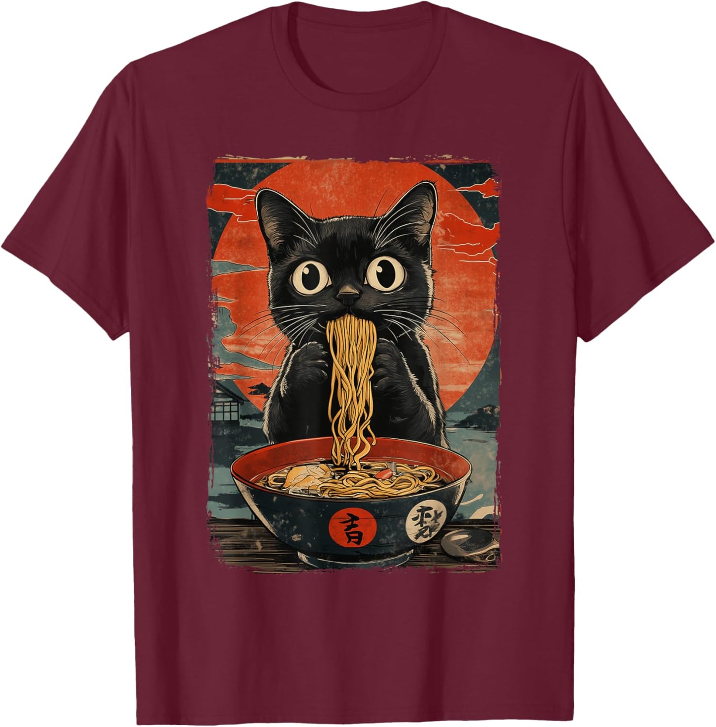 Black Cat Eating Ramen Vintage T-Shirt - T-Shirt | Maroon