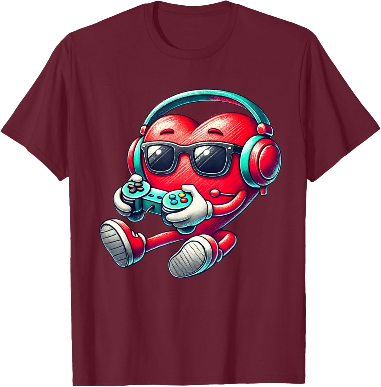 Valentines Day Heart Gamer Video Gaming Boys Men Kids T-Shirt - T-Shirt | Maroon