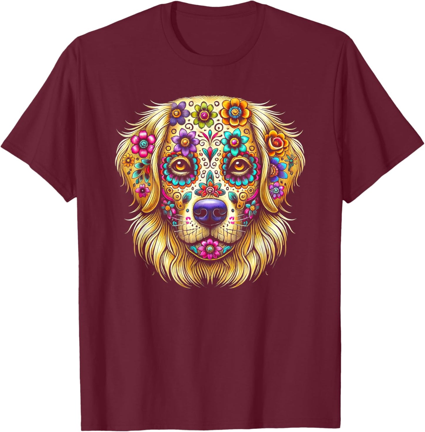 Golden Retriever Day of the Dead Halloween Sugar Skull Dog Men Women Kids T-Shirt - T-Shirt | Maroon