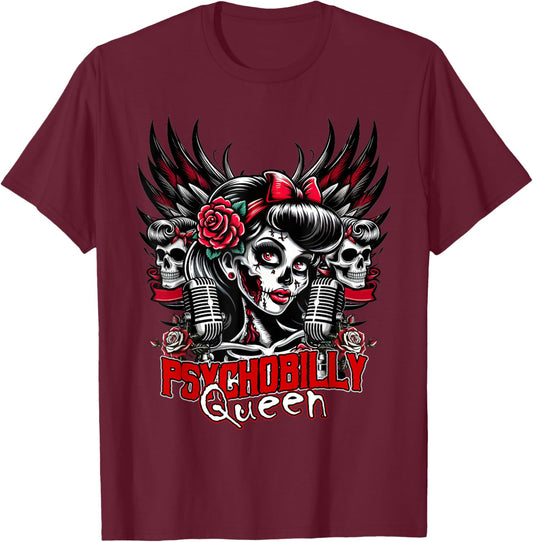 Psychobilly Queen Zombie Pin Up Girl Retro Rockabilly T-Shirt - T-Shirt | Maroon