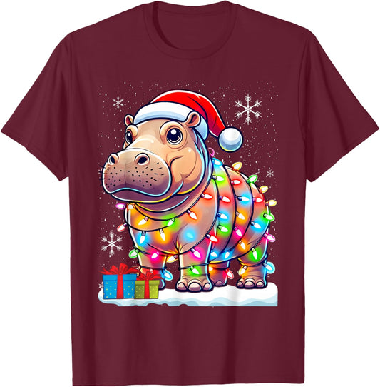 Hippo Lover Gift Co. Christmas Lights Fiona -Adults & Kids , Black, Small, Short Sleeve T-Shirt - T-Shirt | Maroon