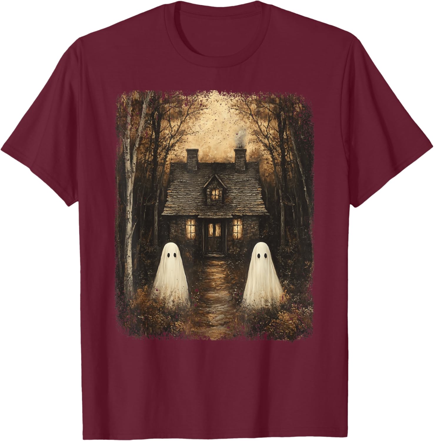 Vintage Haunted House Halloween Spooky Ghost Gothic Forest T-Shirt - T-Shirt | Maroon