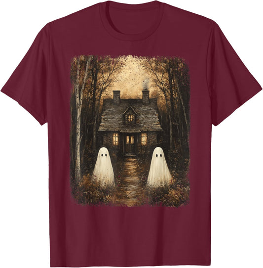 Vintage Haunted House Halloween Spooky Ghost Gothic Forest T-Shirt - T-Shirt | Maroon