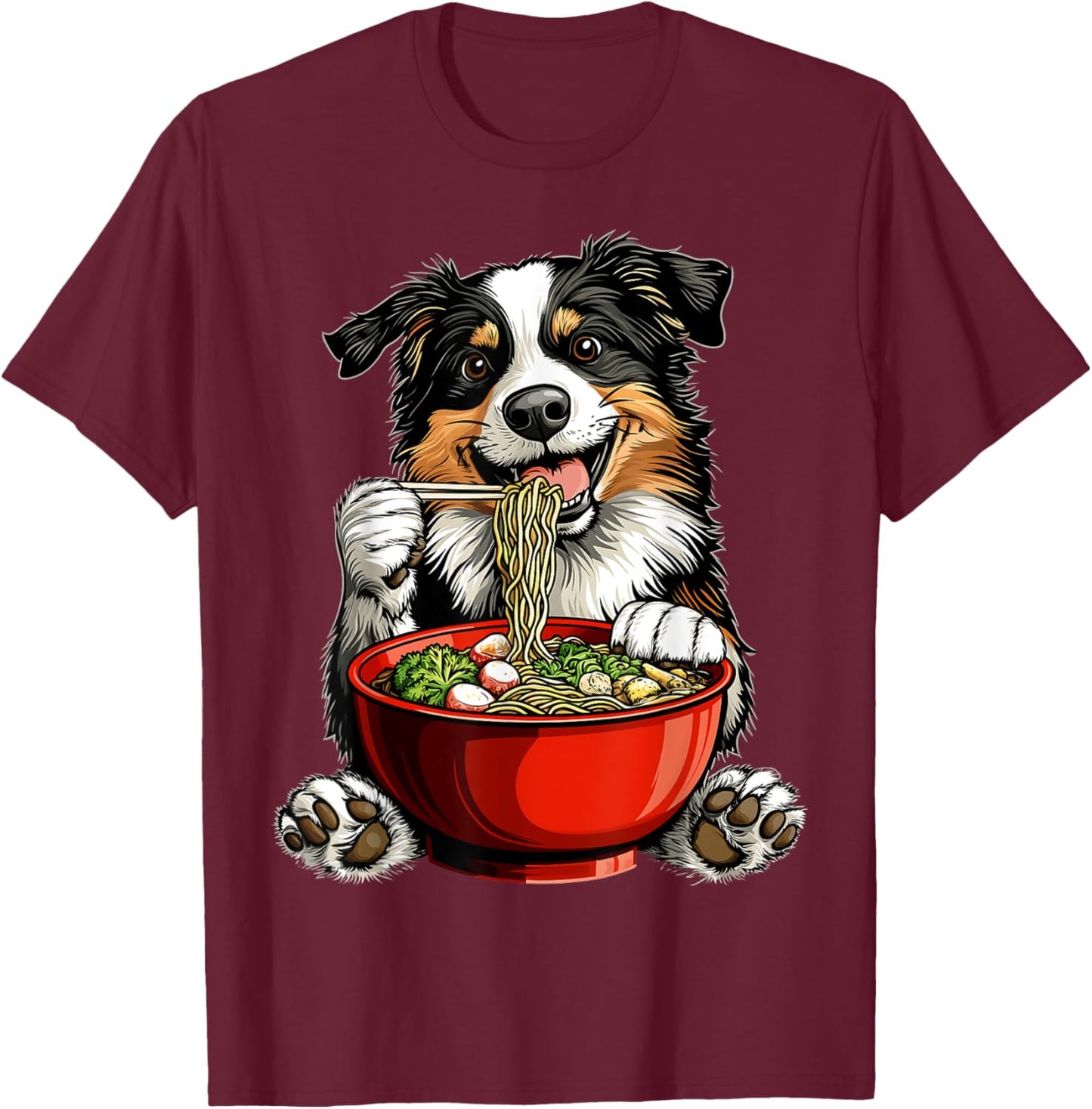 Border Collie Dog Eating Ramen Bowl Japanese Noodles T-Shirt - T-Shirt | Maroon